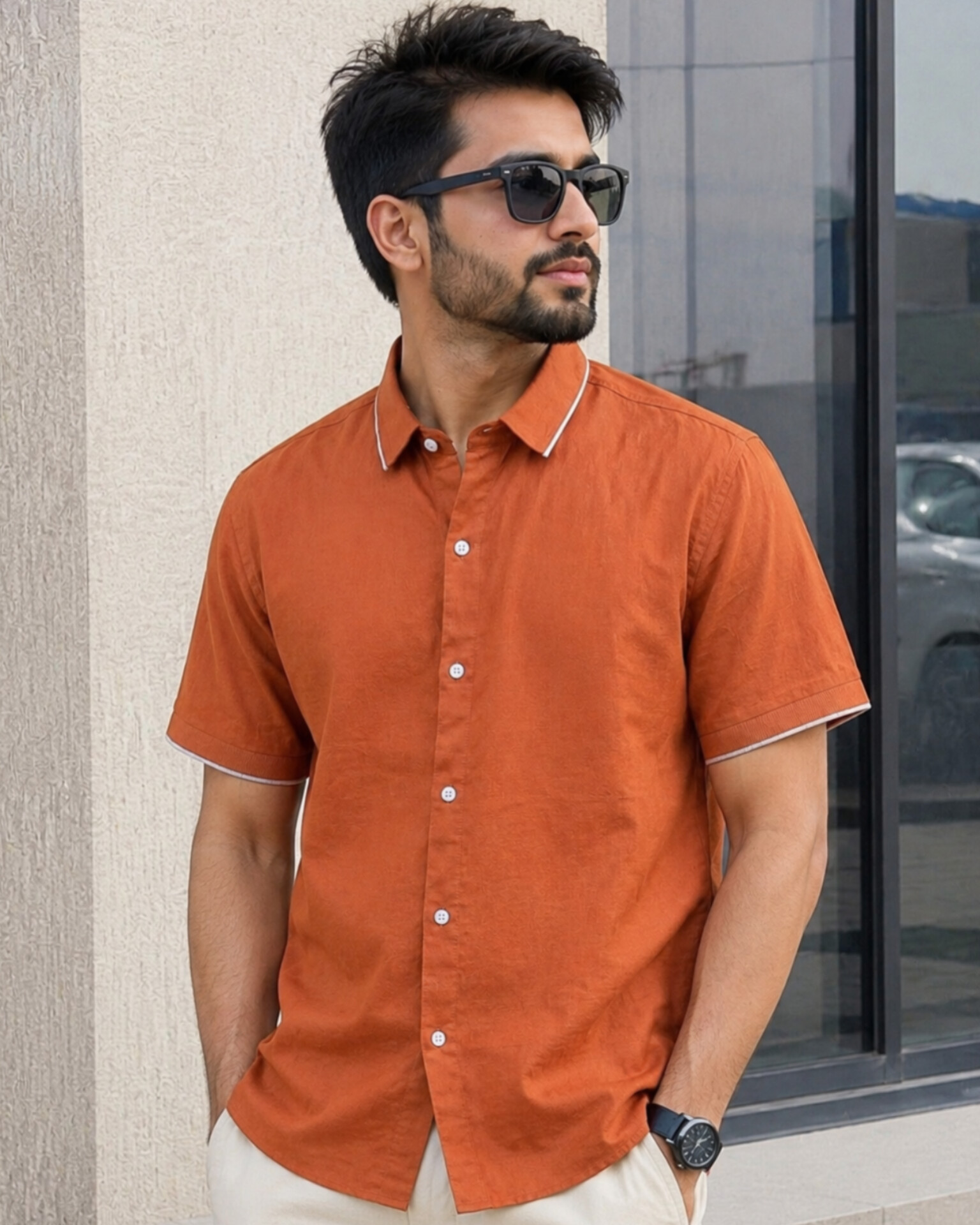 Premium Burnt Orange Rimi Cotton Half Sleeve Shirt - Image 6