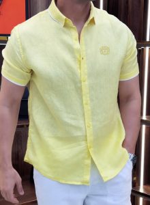 Pastel Yellow Linen Rimi Rib Style Half Shirt
