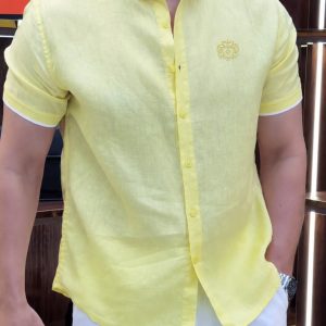 Pastel Yellow Linen Rimi Rib Style Half Shirt